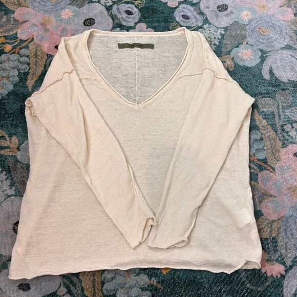 Enza Costa Linen Sweater Top Womens Small Cream Knit 3/4 Sleeve V-Neck Pullover - Picture 8 of 13